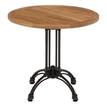 the table is made from wood and has metal legs, with an iron base on one end