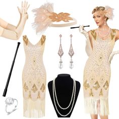 an image of a woman dressed up in flappers and gats with jewelry on display