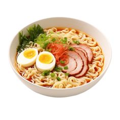 a white bowl filled with noodles, ham and hard boiled egg on top of it