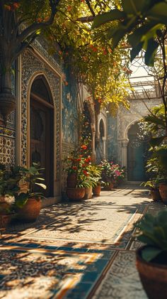 an outdoor courtyard with potted plants and trees