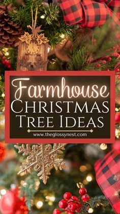 Navy Buffalo Check Living Room, Farmhouse Plaid Christmas Tree, Farmhouse Christmas Tree With Ribbon, Christmas Tree Farmhouse Theme, Black And Red Plaid Christmas Decor Living Room, Christmas Garland Ideas For Tree, Country Garland Ideas Rustic