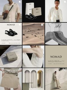 an advertisement for nomad featuring men's shoes and accessories in neutral colors, including white