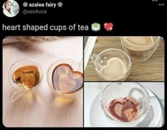 tea cups with hearts shaped in them and the words, i heart shaped cups of tea