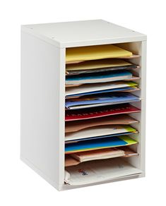 a white filing cabinet filled with files and folders