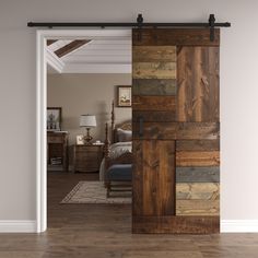 an open door to a bedroom with wood paneling on the walls and wooden floors