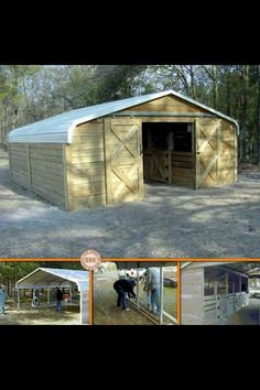 several pictures of the inside of a barn with horses in it and people standing outside