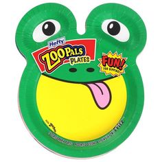 a green and yellow frog shaped paper plate with googly's plates on it