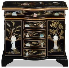 PRICES MAY VARY. Dimensions: 16"W x 7"D x 15.5"H (Fully assembled) Material: Wood Brass hardware Painted by hand Felt lined drawers Mother of pearl figurine motif Displayed accessories are not included Center drawers (4 pcs): 4"W x 4"D x 1.25"H each Side compartments: 4"W x 4.25"D x 9.5"H each Top compartment: 13.75"W x 5.5"D x 2"H In China, the jewelry chest is 1 of the most important decorative objects on a woman's dresser. Decorated with mother of pearl figures, this beautiful jewelry cabinet Traditional Chinese House Interior, Traditional Chinese House, Pagoda Lanterns, Asian Furniture, China Furniture, Cabinet Black, Chinese Jewelry, Chinese Furniture, Asian Jewelry