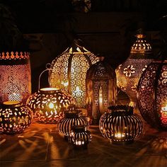 many lanterns lit up in the dark