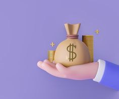 a hand holding a money bag with stacks of coins in it on a purple background