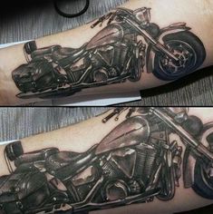 two pictures of a motorcycle on the arm