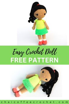 two crocheted dolls with text overlay that says easy crochet doll free pattern