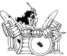 a cartoon drummer playing the drums in his drum set coloring pages, free printable