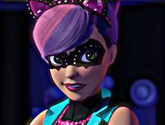 a cartoon character with purple hair and cat ears wearing a black mask, blue shirt and pink dress