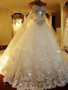 a wedding dress is displayed on a mannequin in front of other gowns