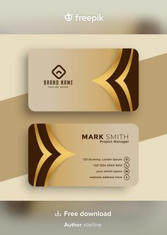 two business cards with gold and brown stripes on the front, one is for mark smith