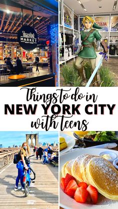 things to do in new york city with teens, including pancakes and other food items