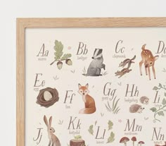 an animal alphabet print in a wooden frame