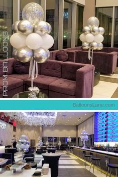 two pictures of balloons and couches in a hotel lobby