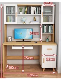 an image of a computer desk with measurements for the top and bottom shelves on it