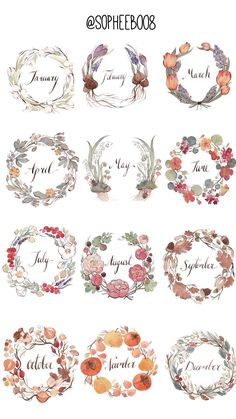 watercolor floral wreaths with the words, flowers and leaves in different languages on them