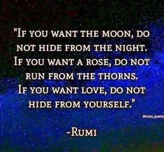 a quote from rumi that reads if you want the moon, do not hide from the night