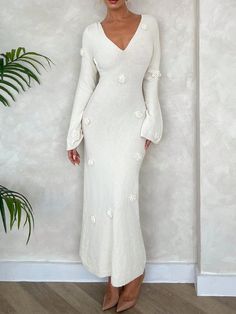 Apricot Elegant Collar Long Sleeve Knitwear Plain  Embellished Medium Stretch  Women Clothing White Dress Fall, Long Dress Floral, Long Dress Elegant, Vacation Wedding, Apricot Color, Long Dresses Elegant, Long Sweater Dress, White Long Sleeve Dress, Womens Fall Dress