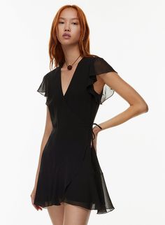 Summer Flowy V-neck Dress With Tie Waist, Flowy Summer V-neck Dress With Tie Waist, Flowy V-neck Ruffle Dress For Garden Party, Flowy V-neck Dress With Ruffles For Summer, Elegant V-neck Chiffon Dress With Ruffle Hem, Surplice Neckline Ruffle Wrap Dress For Party, Surplice Neckline Wrap Dress With Ruffles For Party, Party Wrap Dress With Ruffles And Surplice Neckline, Summer V-neck Ruffle Dress For Garden Party