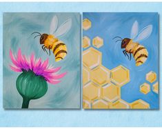 two paintings of bees flying over a flower and beehive with honeycombs in the background