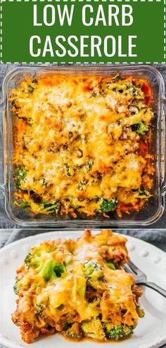 a casserole dish with broccoli and cheese in it on a white plate