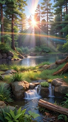 the sun shines brightly through the trees over a stream in a forest with rocks and grass