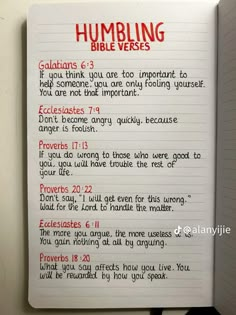 a notebook with writing on it that says, humbling bible verses