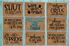 six welcome mat signs with words on them