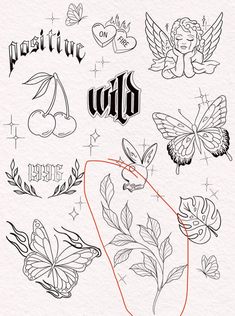 some tattoos that are black and white with the words tattoo written in different font styles