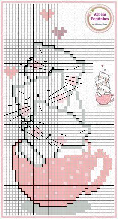 a cross stitch pattern with a cat in a teacup on the front and bottom