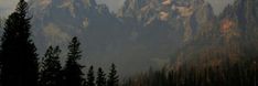 the mountains are covered with trees and clouds