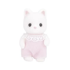 a small white stuffed animal wearing a pink outfit with lace on it's collar