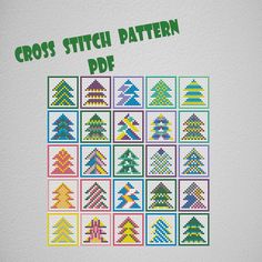 the cross stitch pattern is shown in different colors and sizes, including christmas tree shapes