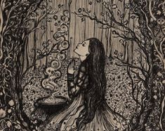 a drawing of a woman sitting in the middle of a forest surrounded by trees and flowers