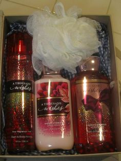 BATH & BODY WORKS, A THOUSAND WISHES scent,NEW WITH TAGS, gift set for women. It includes:  fine fragrance mist (8 oz),  body lotion (8 oz), shower gel (10 oz), and a white shower scrunchie. All of it is inside a linen wrapped keepsake box for immediate gift giving. This is a beautiful gift for any lady. Retail prices are as follows:  fine fragrance mist (8 oz) $14.00 , shower gel (10 oz) $12.50, body lotion (8 oz) $12.50, white scrunchie $2.50, and linen keepsake box $8.50 = totaling $50.00. A Thousand Wishes Bath And Body Works Aesthetic, Bath And Body Works Set, Bath And Body Works Perfume And Lotion Collection, Bath And Body Works Perfume Set, Bath And Body Works Gift Set, Bath And Body Gift Set, A Thousand Wishes Bath And Body Works Set, Bath And Body Work, Bath N Body Works