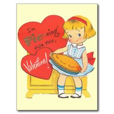 a valentine card with a girl holding a pie