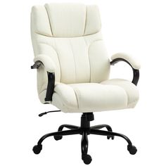 a white office chair with black wheels and arms