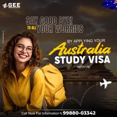 an advertisement for australia study visa with a woman in yellow shirt and glasses smiling at the camera