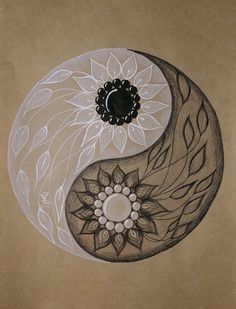 a drawing of a yin - yang symbol with white flowers and leaves on brown paper