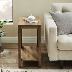 a living room with a couch, coffee table and potted plant