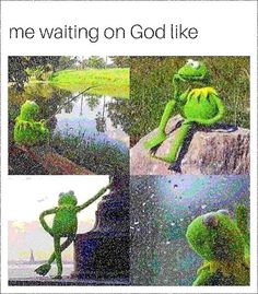 a frog sitting on top of a rock next to a pond with the caption, me waiting on god like