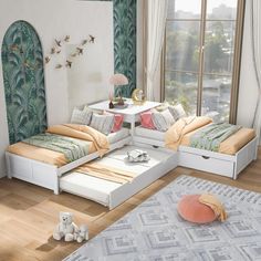 a bedroom with two beds and a rug on the floor