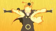 an anime character with his arms stretched out in the air, wearing black and yellow