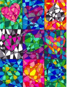 an art project with many different colored shapes and sizes, including squares that have been made into