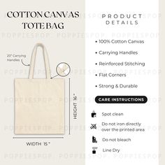 the cotton canvas tote bag is shown with instructions for how to put it in